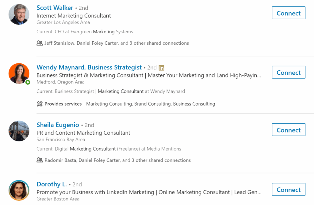 LinkedIn search results